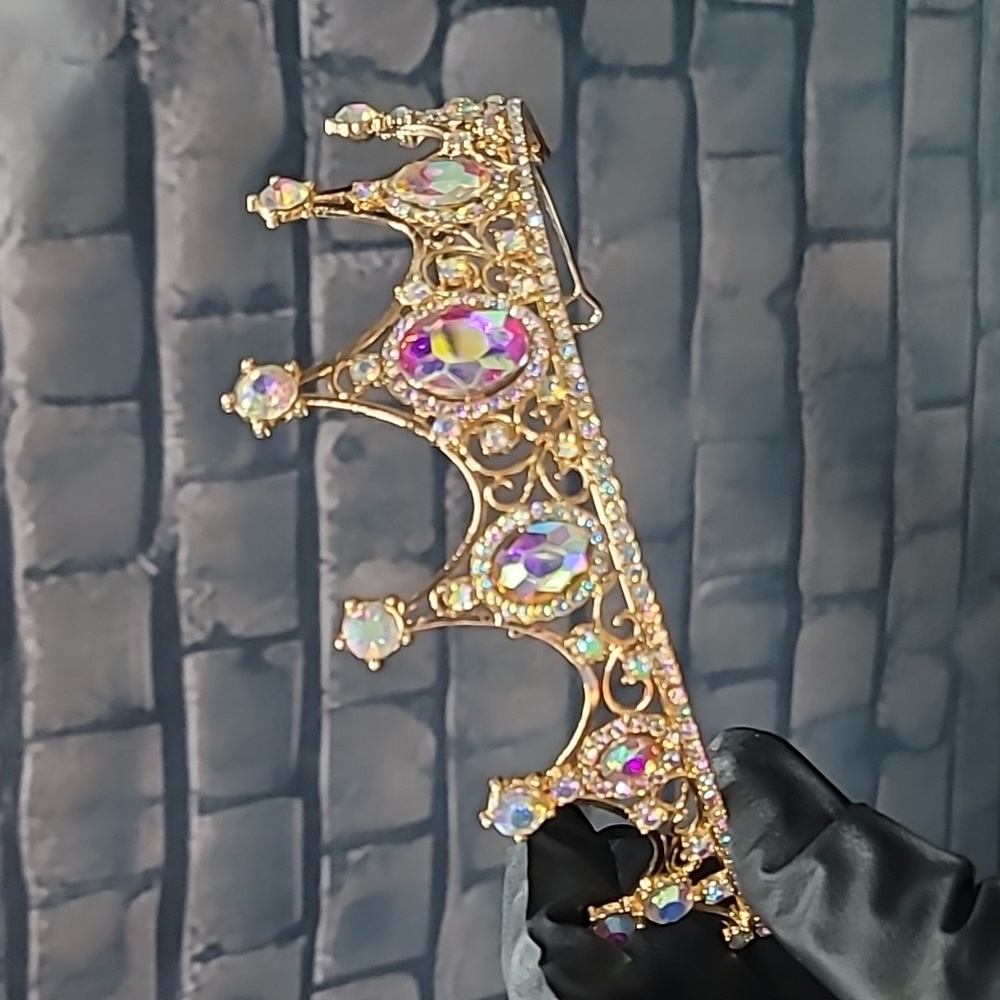 Elegant Metal Gold Tiara with Iridescent Rhinestones